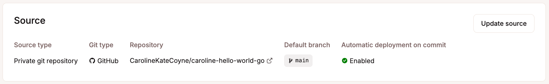 The source information for an application hosted on GitHub.